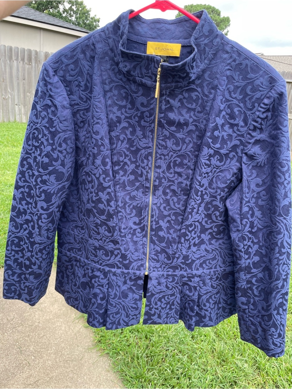 St. John Navy Jacquard Zip-Front Peplum Jacket